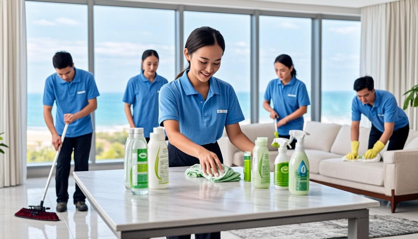 Professional cleaning service team using eco-friendly products